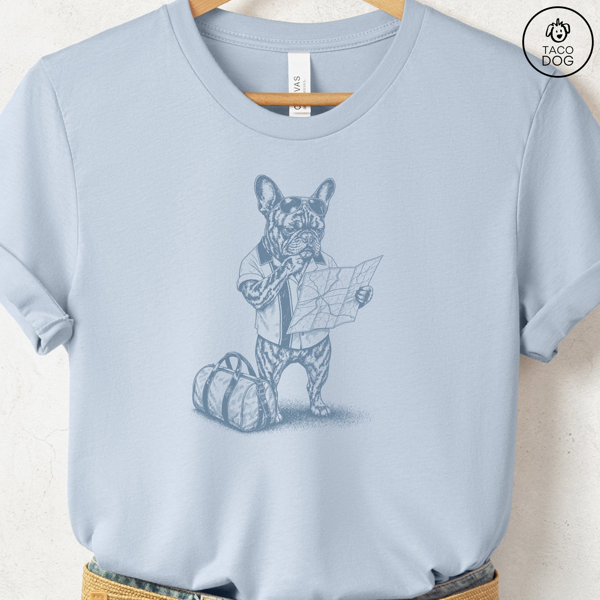 French Bulldog Frenchie Route 66 T-Shirt Light Blue Taco-Dog