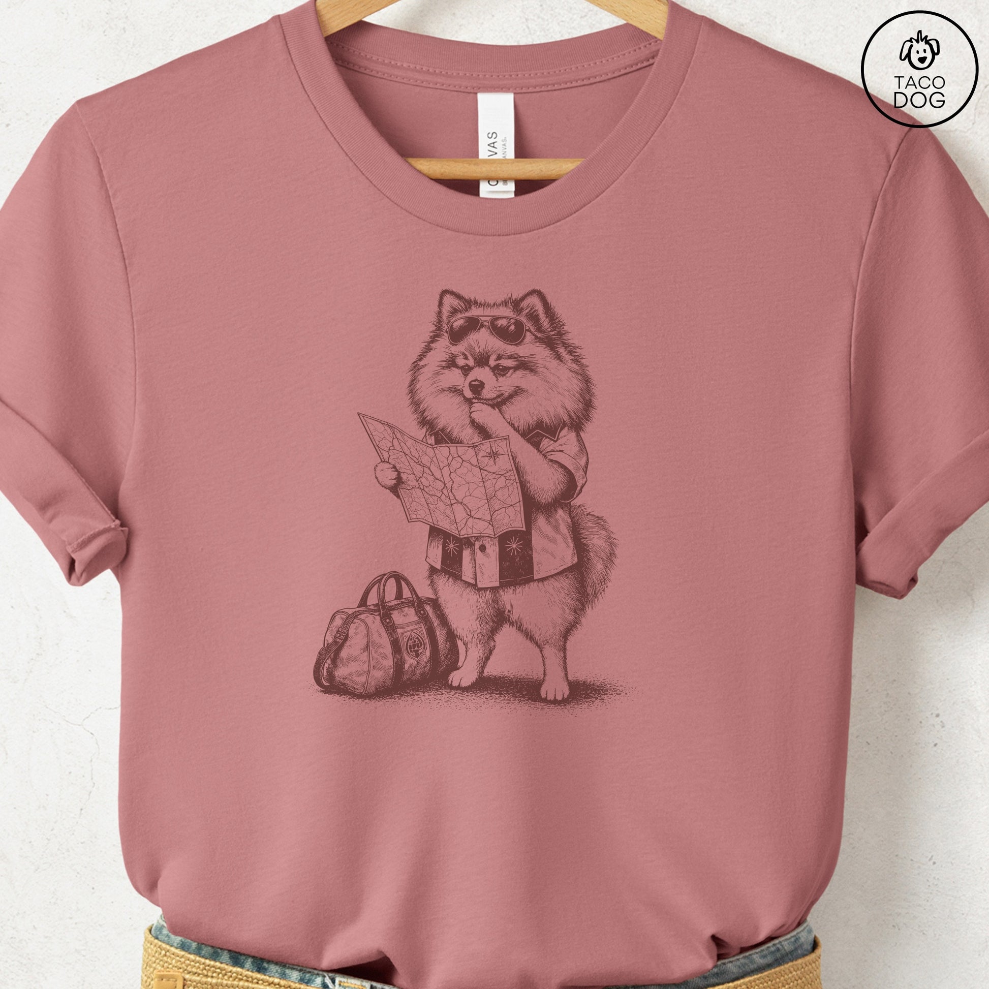 Pomeranian Route 66 T-Shirt Heather Mauve Taco-Dog