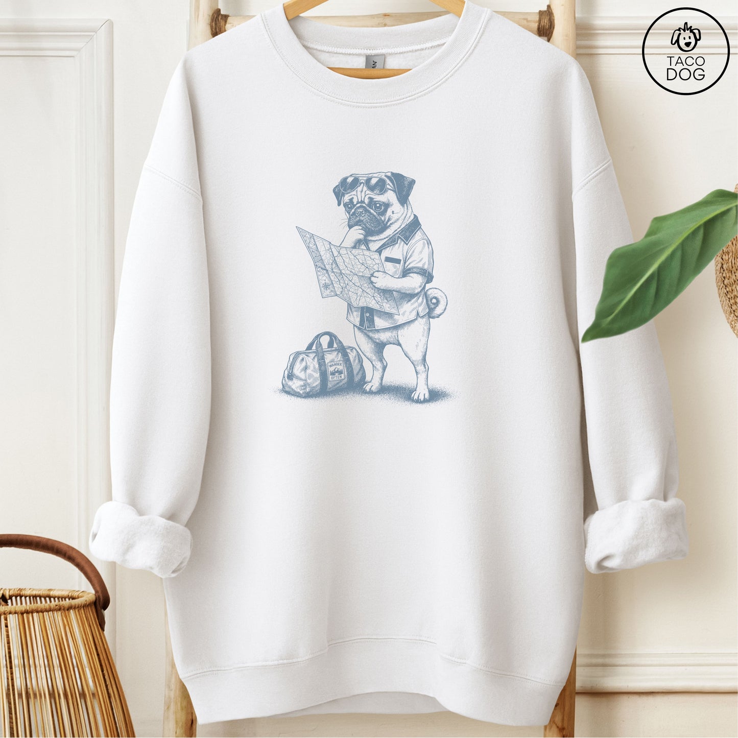 Pug Route 66 Sweatshirt White Taco-Dog