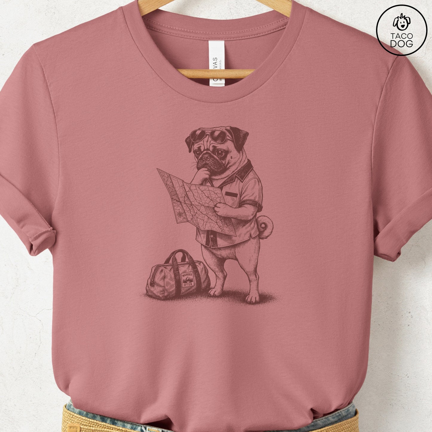 Pug Route 66 T-Shirt Heather Mauve Taco-Dog