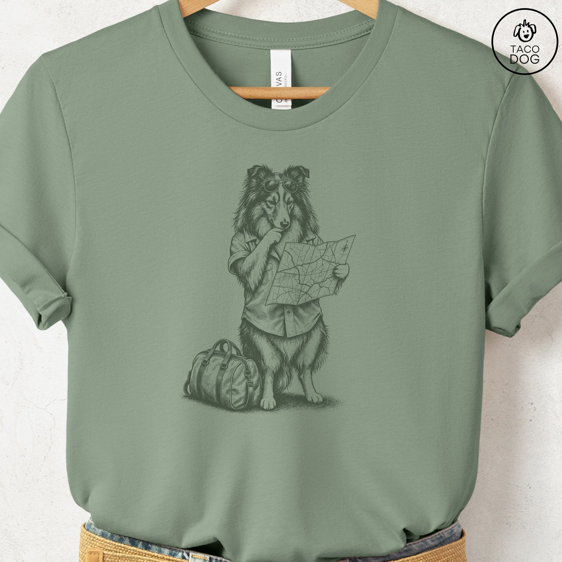 Shetland Sheepdog Route 66 T-Shirt Sage Taco-Dog