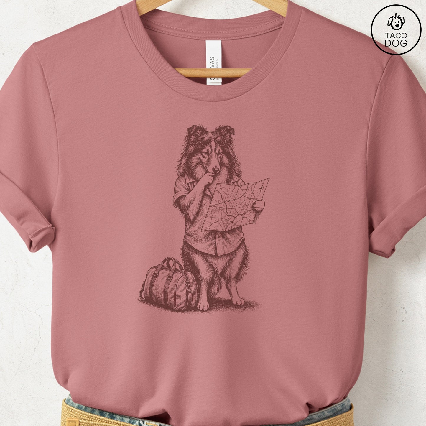 Shetland Sheepdog Route 66 T-Shirt Heather Mauve Taco-Dog
