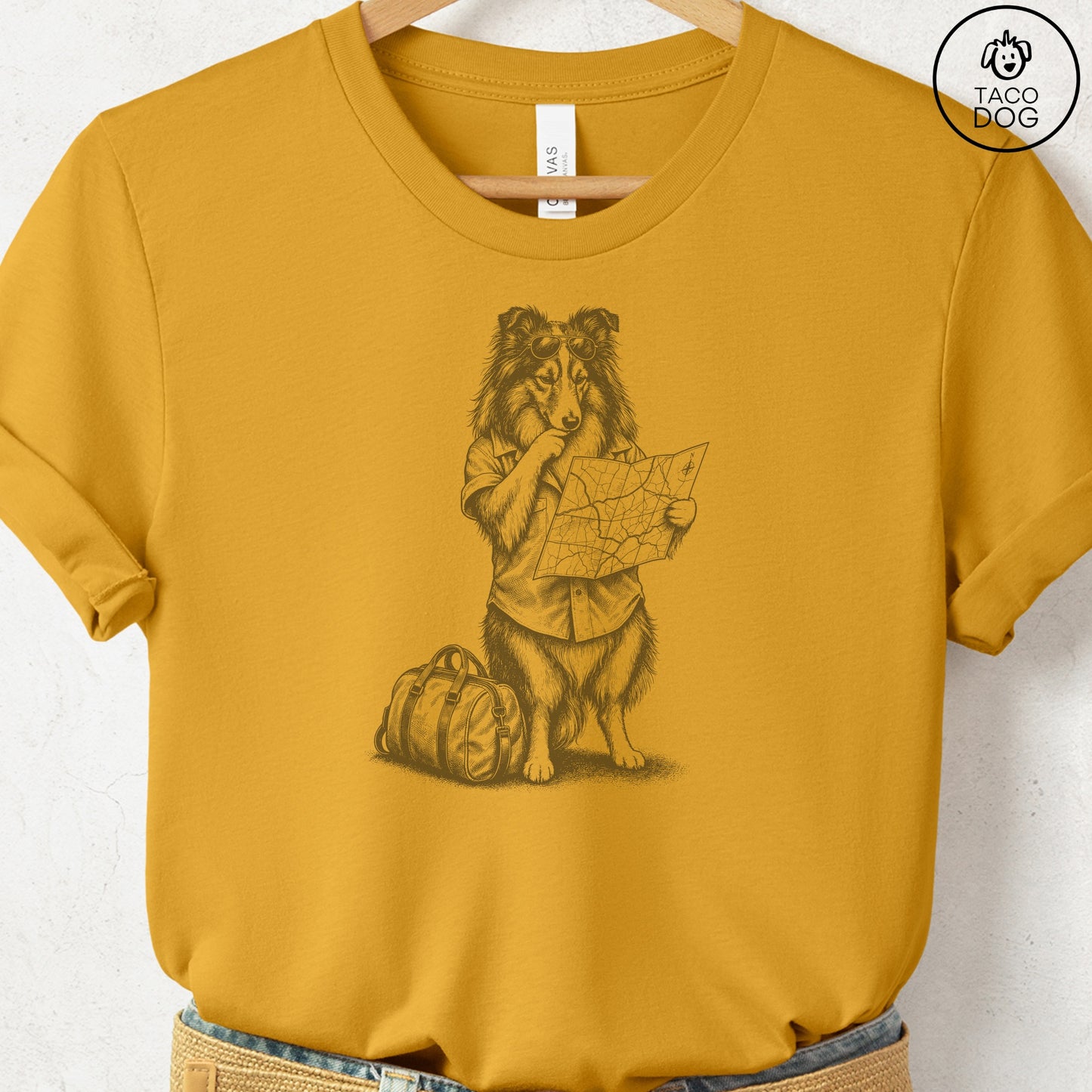 Shetland Sheepdog Route 66 T-Shirt Mustard Taco-Dog