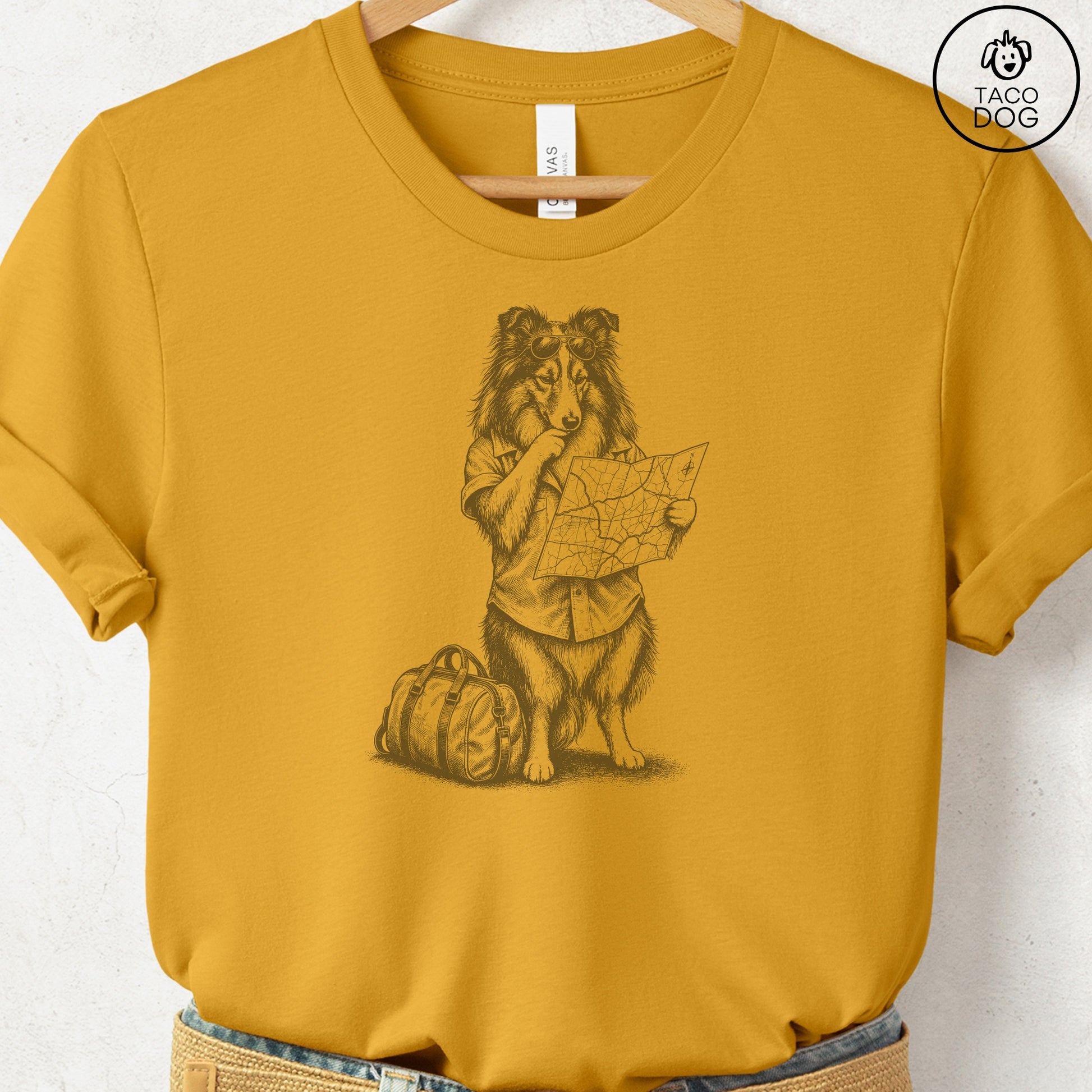 Shetland Sheepdog Route 66 T-Shirt Mustard Taco-Dog
