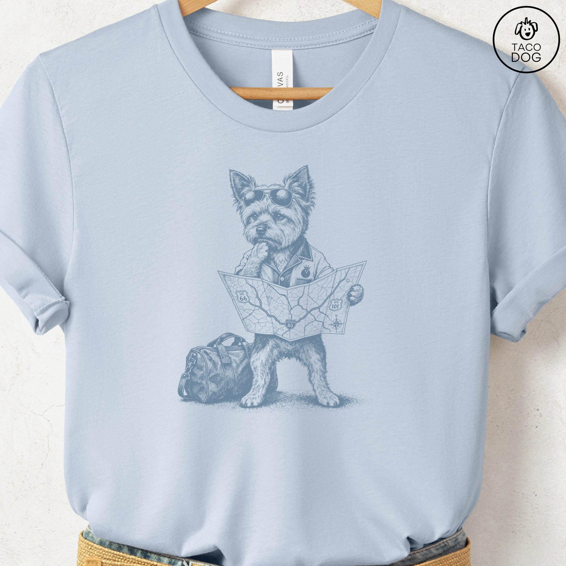 Yorkshire Terrier Yorkie Route 66 T-Shirt Light Blue Taco-Dog
