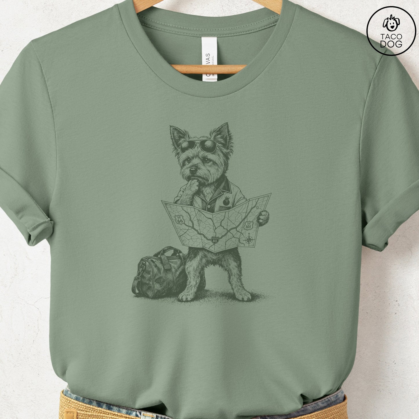 Yorkshire Terrier Yorkie Route 66 T-Shirt Sage Taco-Dog