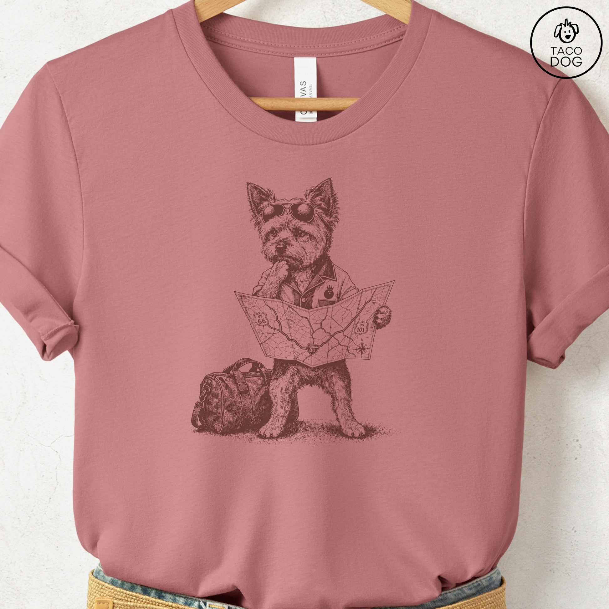 Yorkshire Terrier Yorkie Route 66 T-Shirt Heather Mauve Taco-Dog