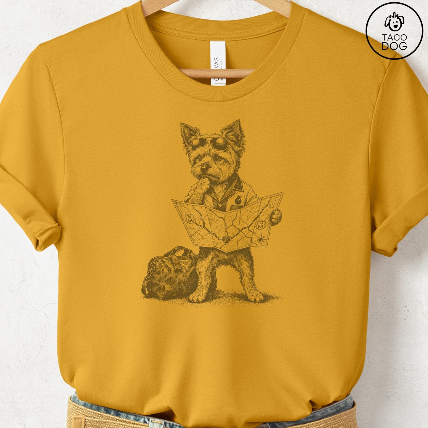 Yorkshire Terrier Yorkie Route 66 T-Shirt Mustard Taco-Dog