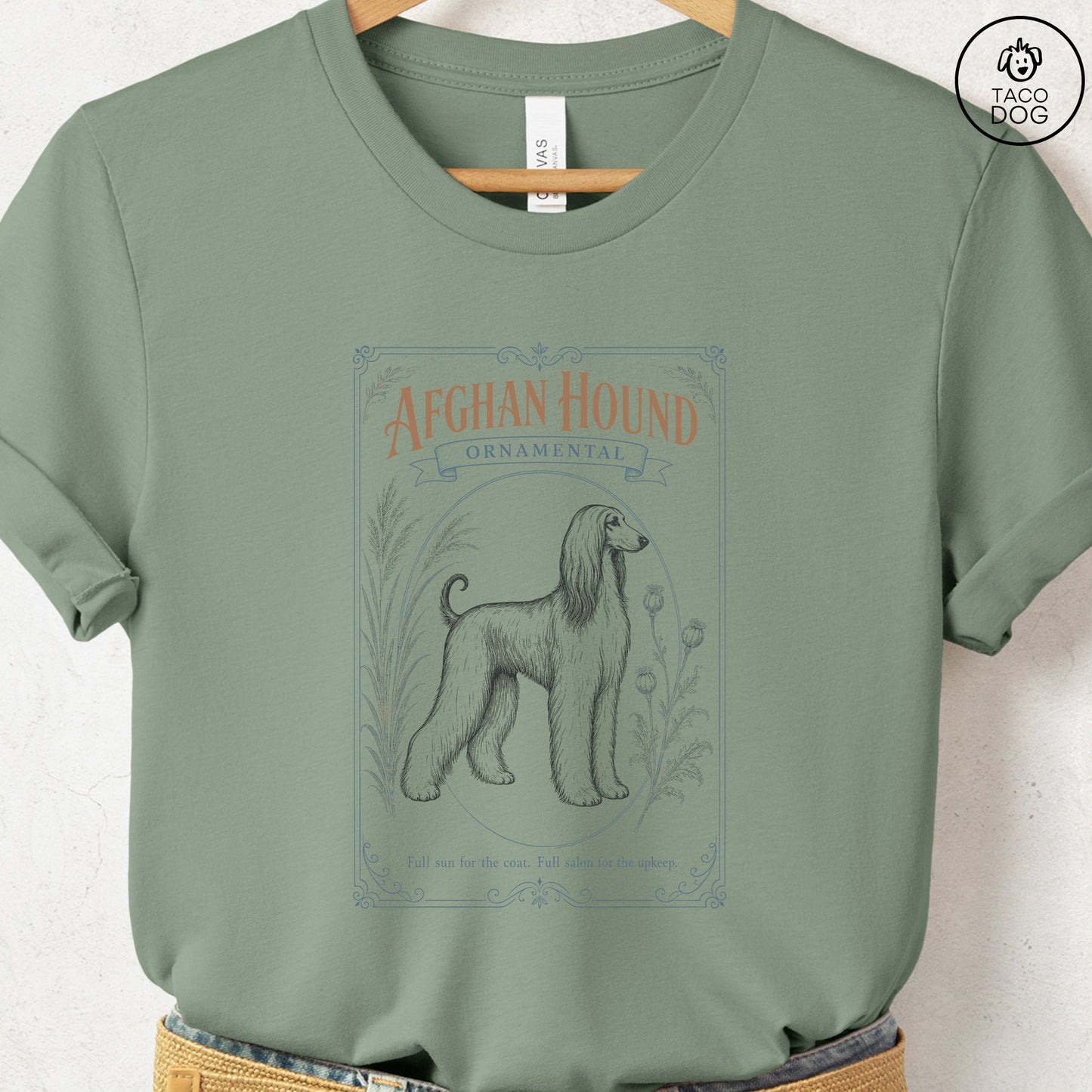 Afghan Hound Ornamental Seed Packet T-Shirt Sage S Taco-Dog