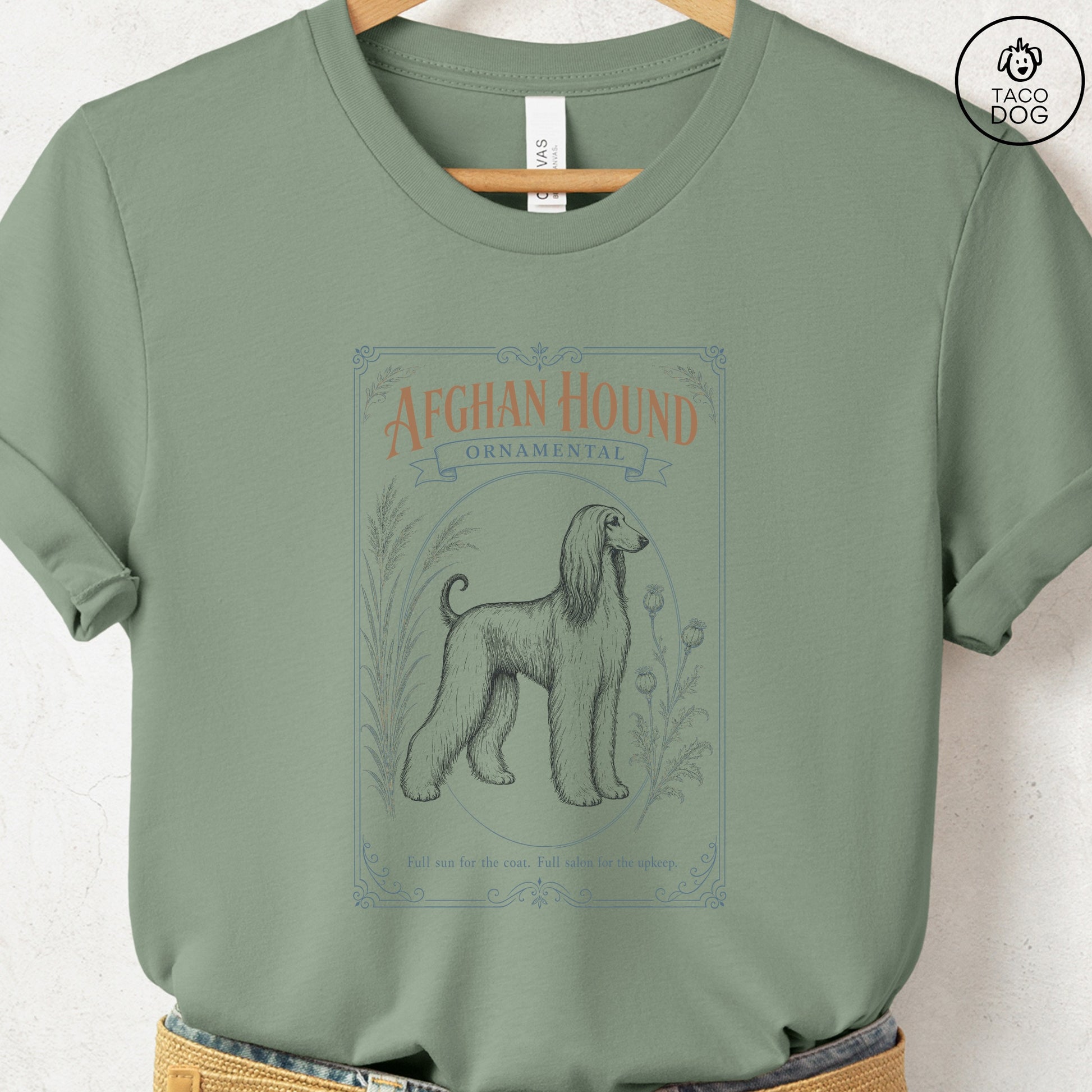 Afghan Hound Ornamental Seed Packet T-Shirt Sage S Taco-Dog