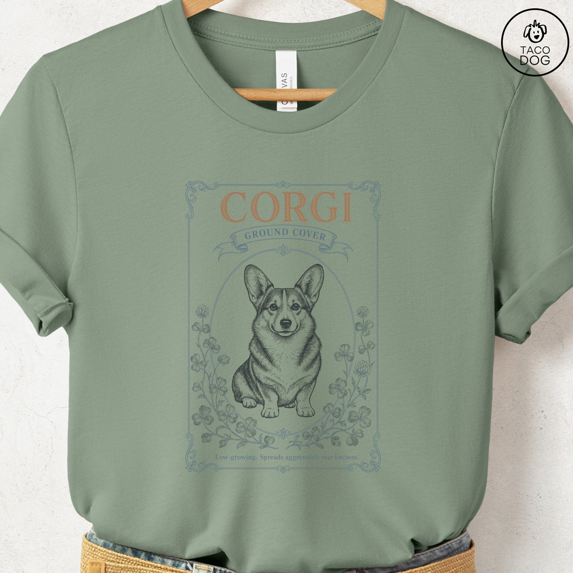 Corgi Ground Cover Seed Packet T-Shirt Sage S Taco-Dog