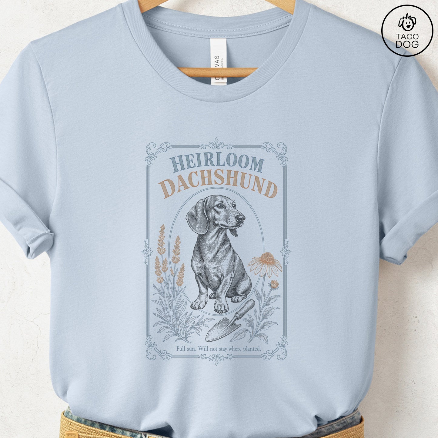 Dachshund Heirloom Seed Packet T-Shirt Light Blue S Taco-Dog
