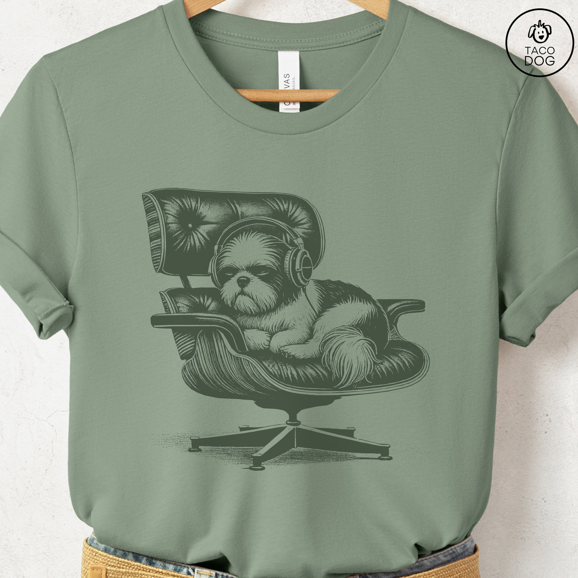 Shih Tzu Eames Headphones T-Shirt Sage XS Taco-Dog