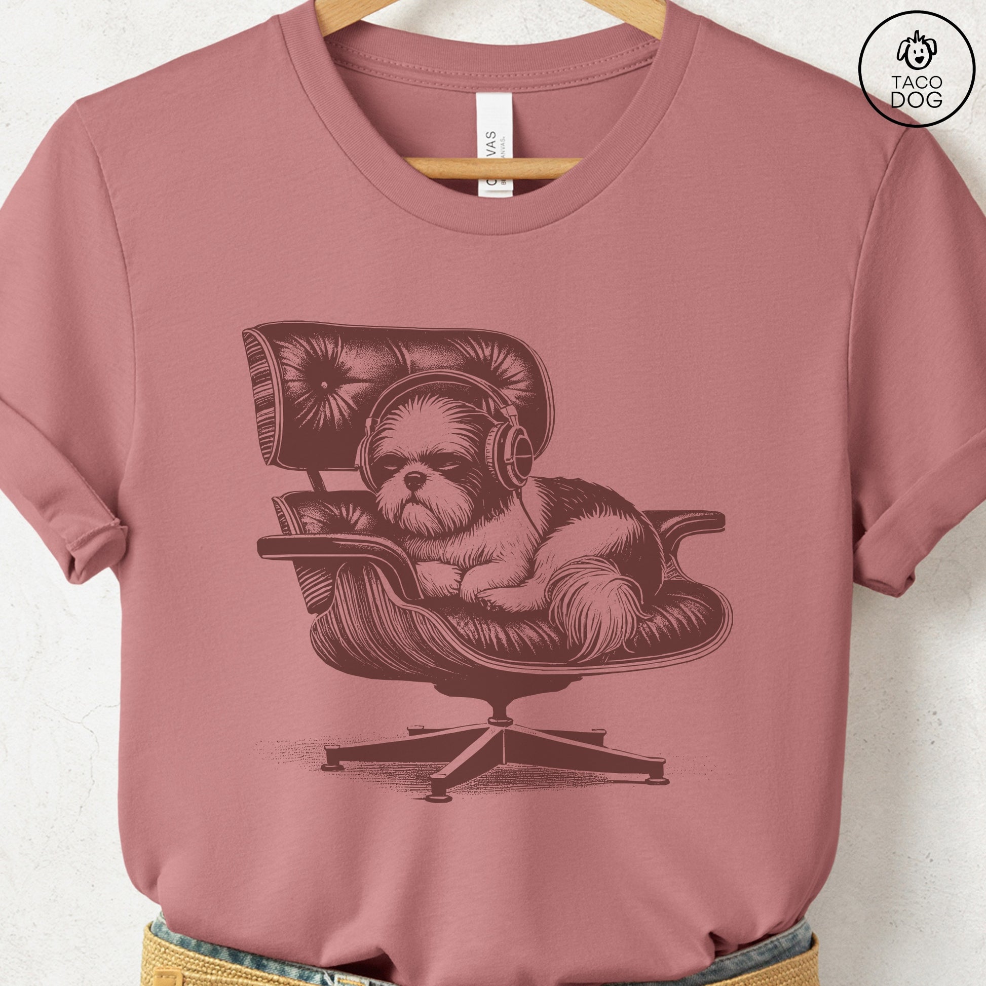 Shih Tzu Eames Headphones T-Shirt Heather Mauve XS Taco-Dog