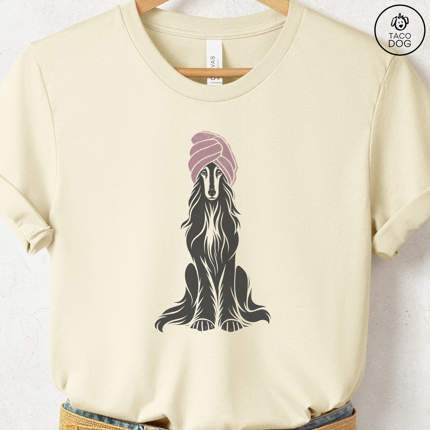 Afghan Hound Spa Linocut Tee Natural S Taco-Dog