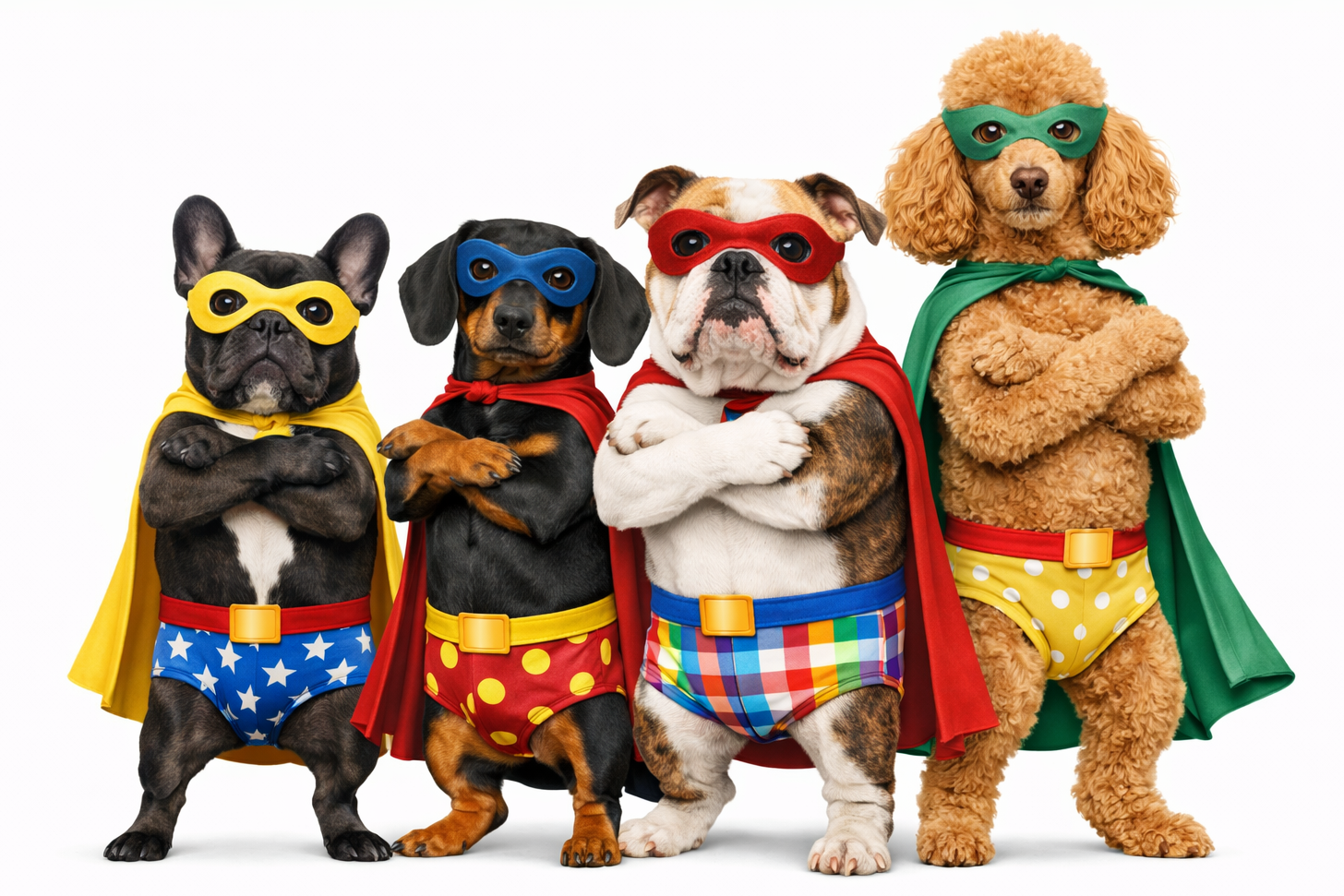 Four dogs dressed in superhero costumes with masks and capes on a white background