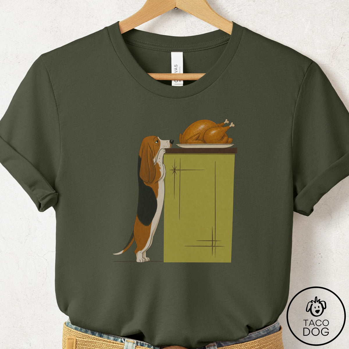 Basset Hound Turkey T-Shirt Military Green Taco-Dog