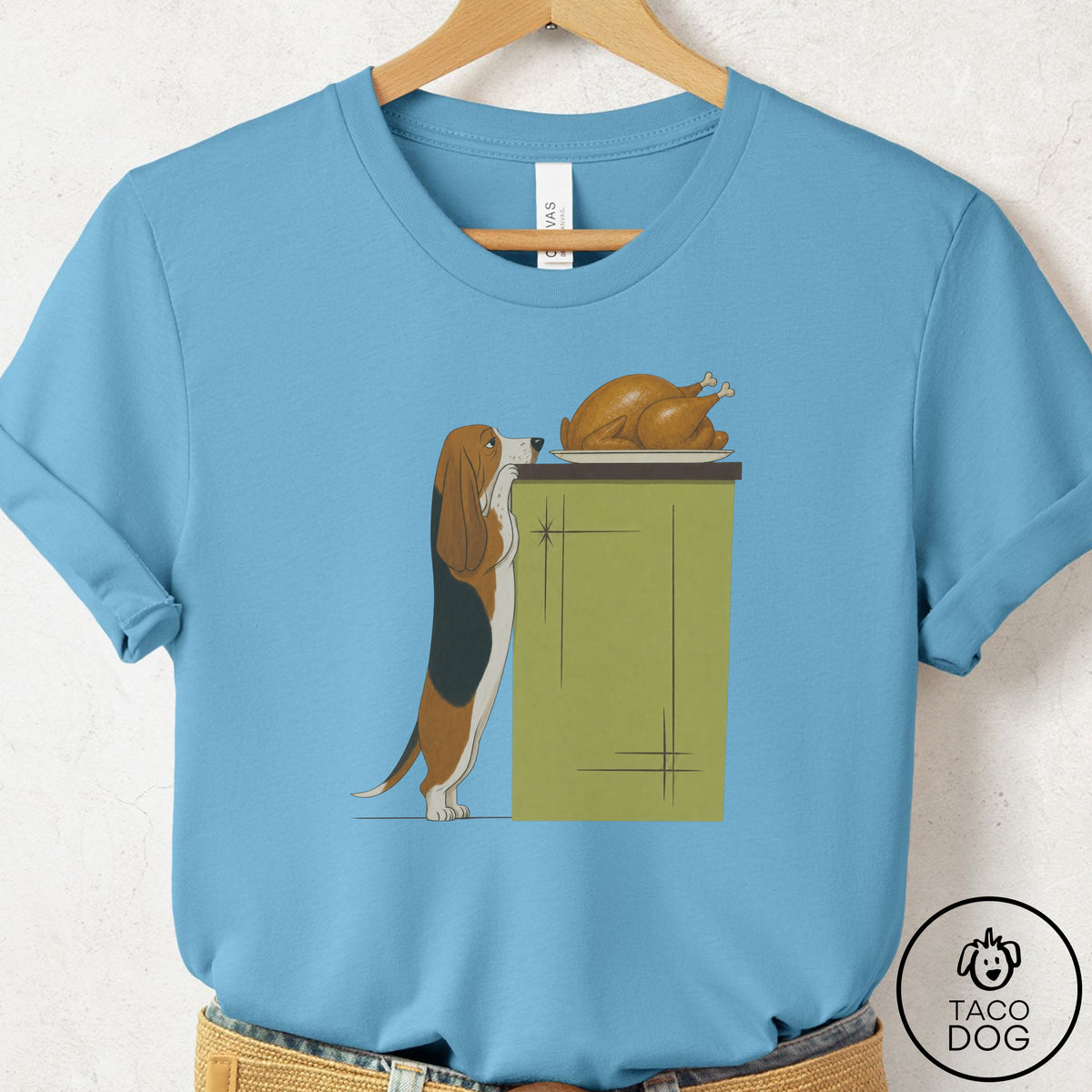 Basset Hound Turkey T-Shirt Ocean Blue Taco-Dog