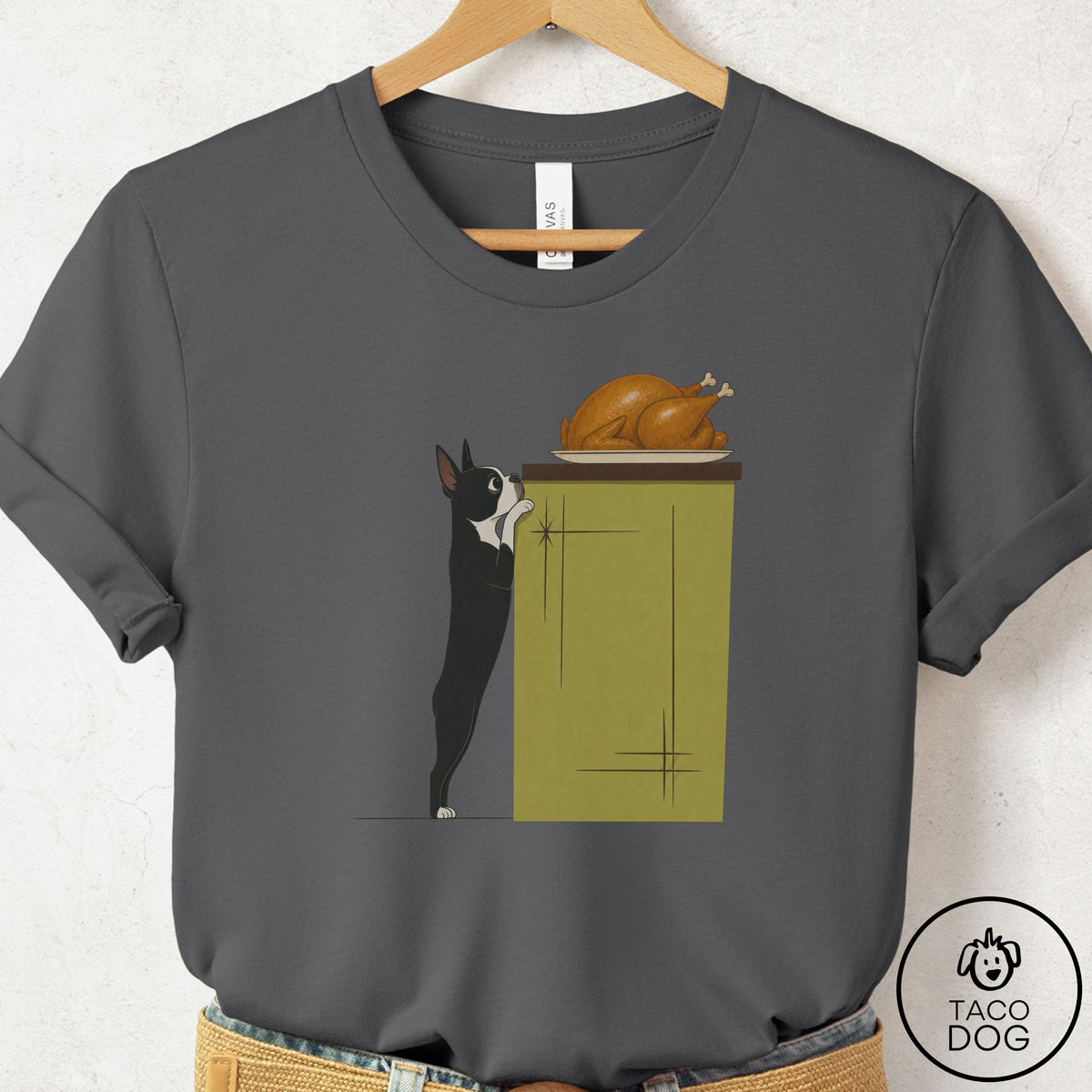Boston Terrier Turkey T-Shirt Asphalt Taco-Dog