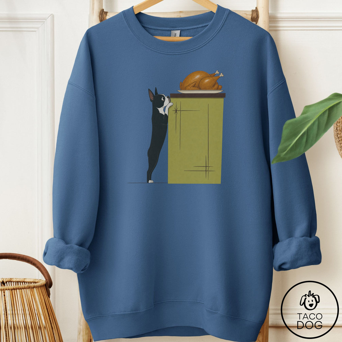 Boston Terrier Turkey Sweatshirt Indigo Blue Taco-Dog