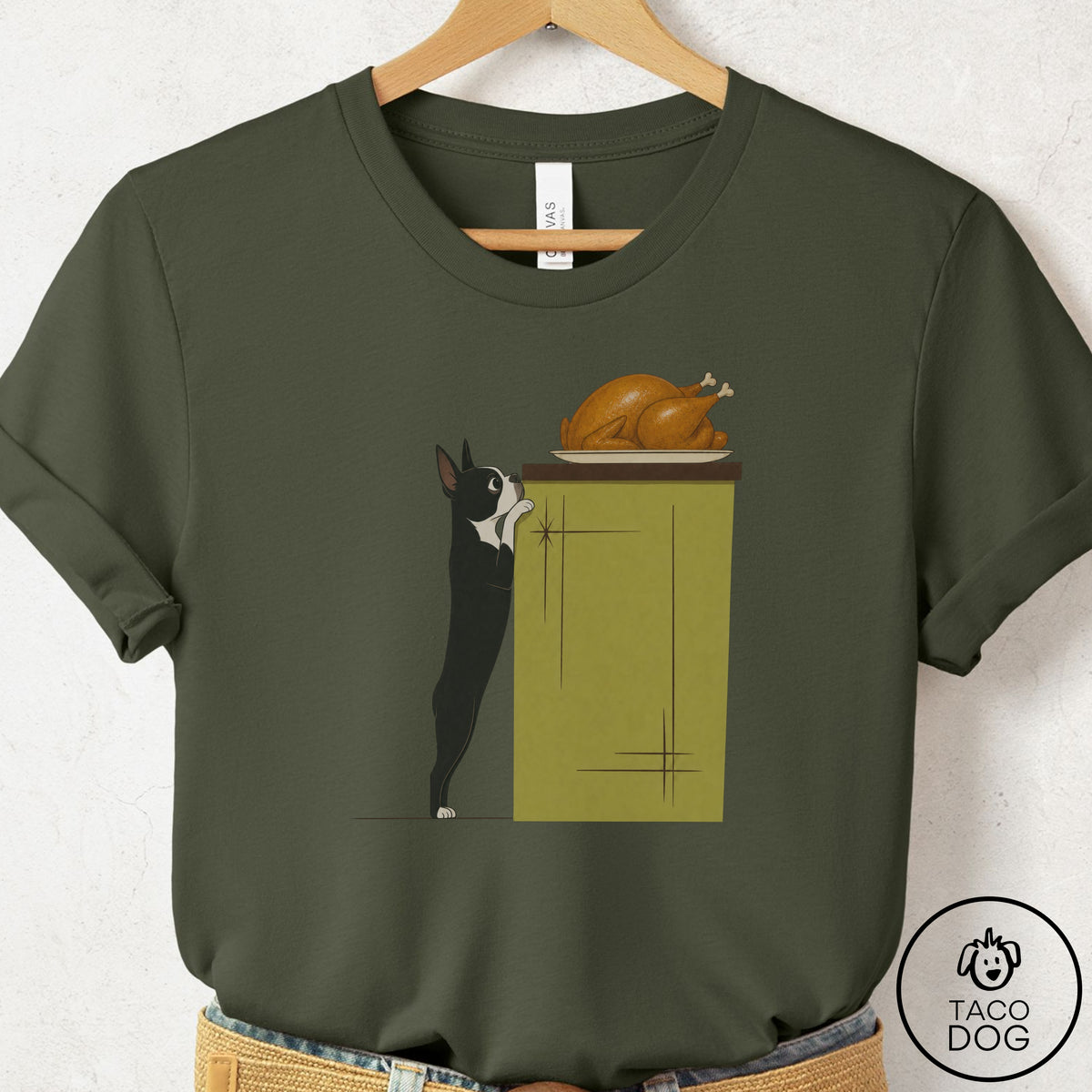 Boston Terrier Turkey T-Shirt Military Green Taco-Dog