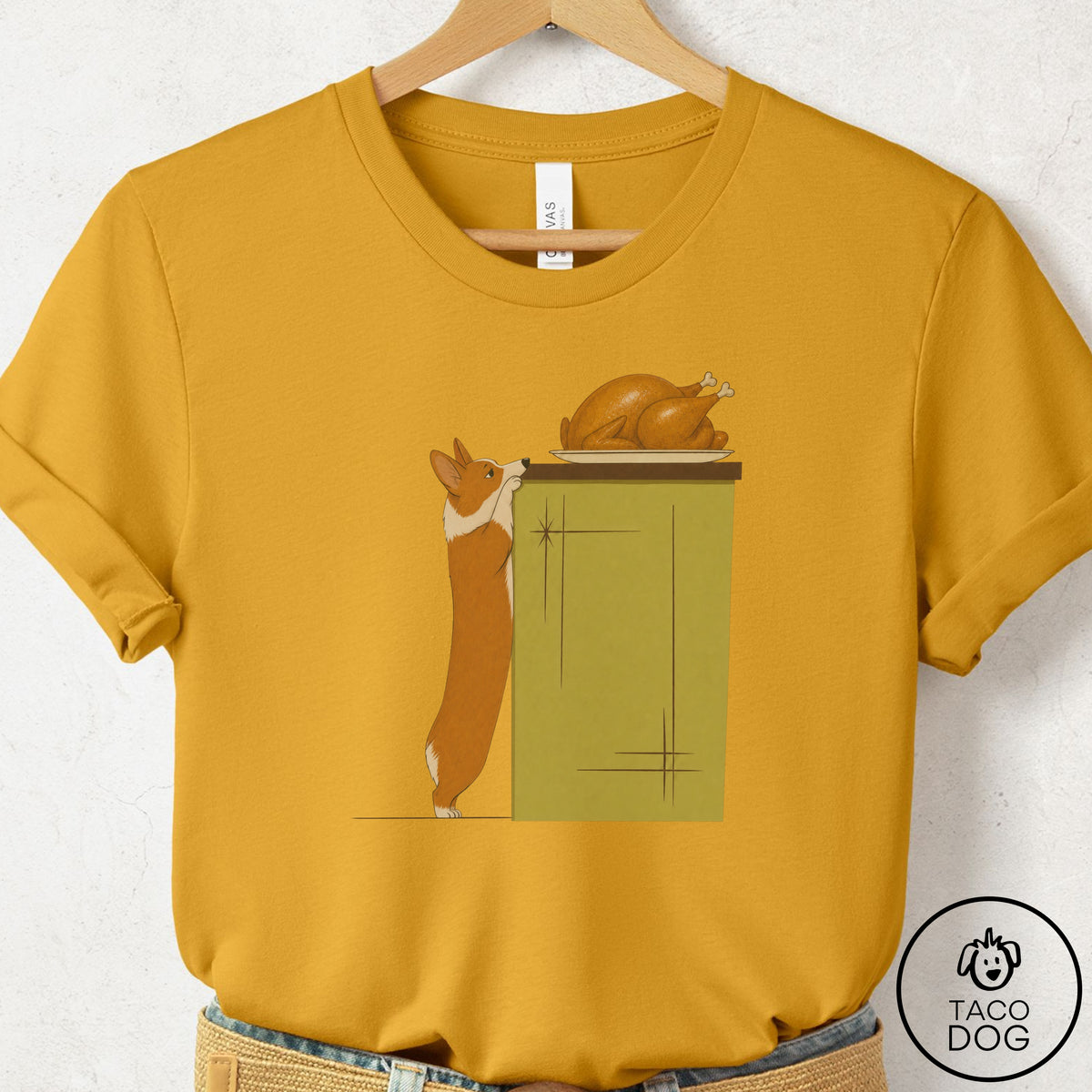 Corgi Turkey T-Shirt Mustard Taco-Dog