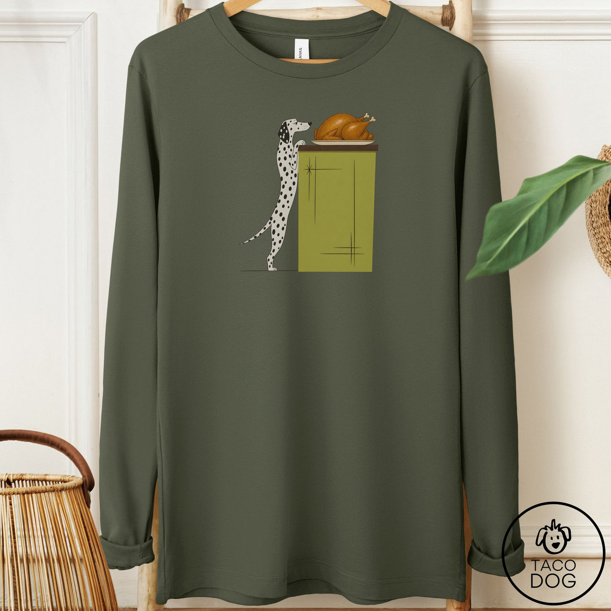 Dalmatian Turkey Long Sleeve Tee Military Green Taco-Dog