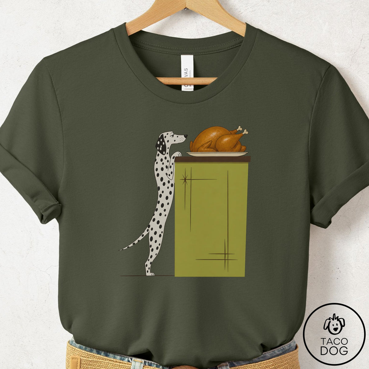 Dalmatian Turkey T-Shirt Military Green Taco-Dog
