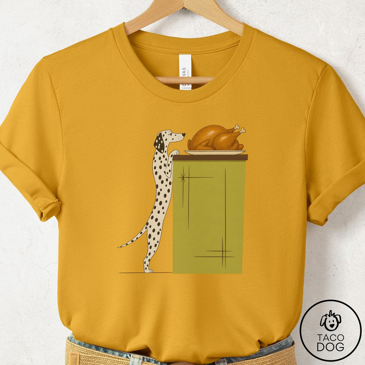 Dalmatian Turkey T-Shirt Mustard Taco-Dog