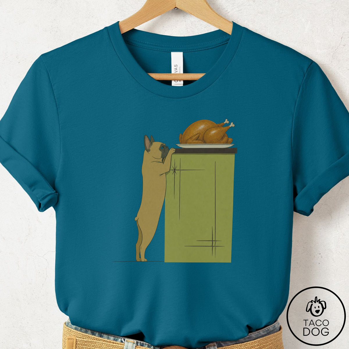 French Bulldog Frenchie Turkey T-Shirt Deep Teal Taco-Dog