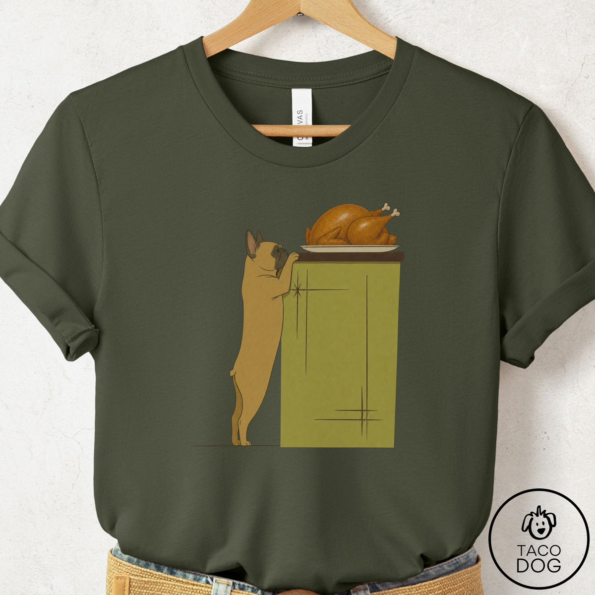 French Bulldog Frenchie Turkey T-Shirt, design close-up