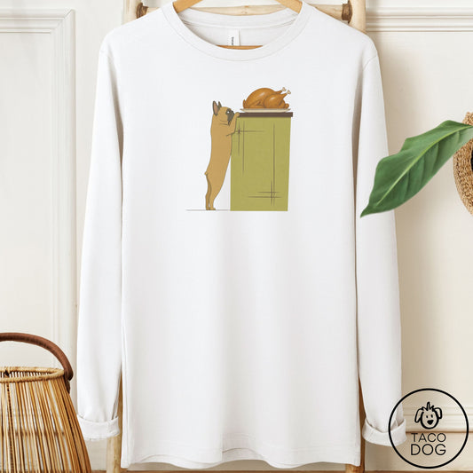 French Bulldog Frenchie Turkey Long Sleeve Tee White Taco-Dog