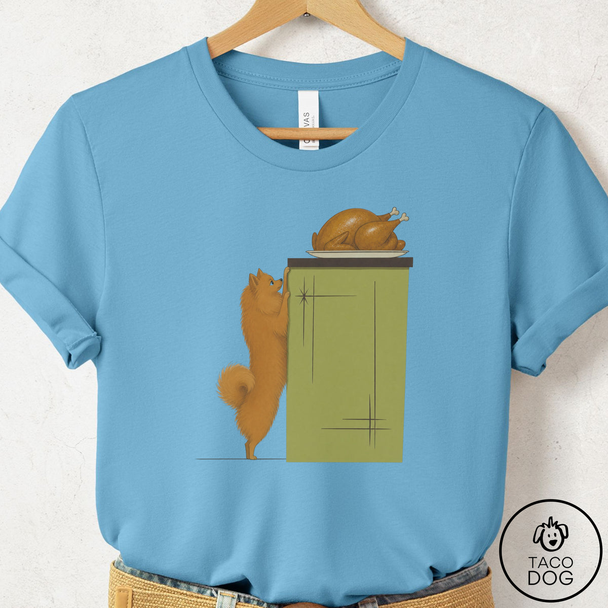 Pomeranian Turkey T-Shirt Ocean Blue Taco-Dog