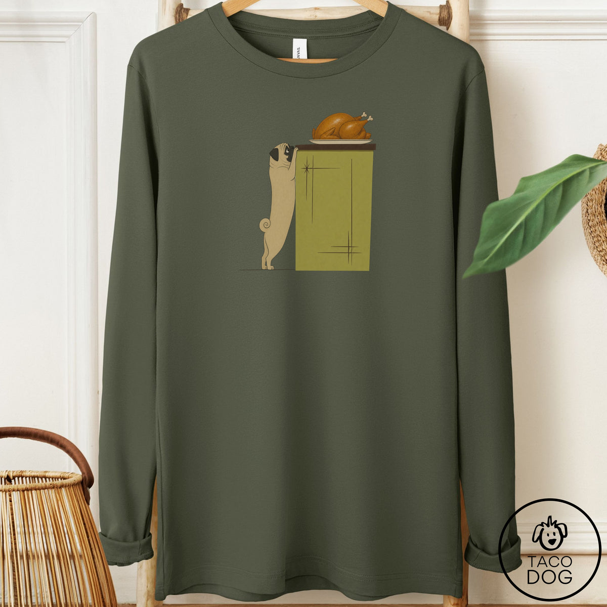Pug Turkey Long Sleeve Tee Military Green Taco-Dog
