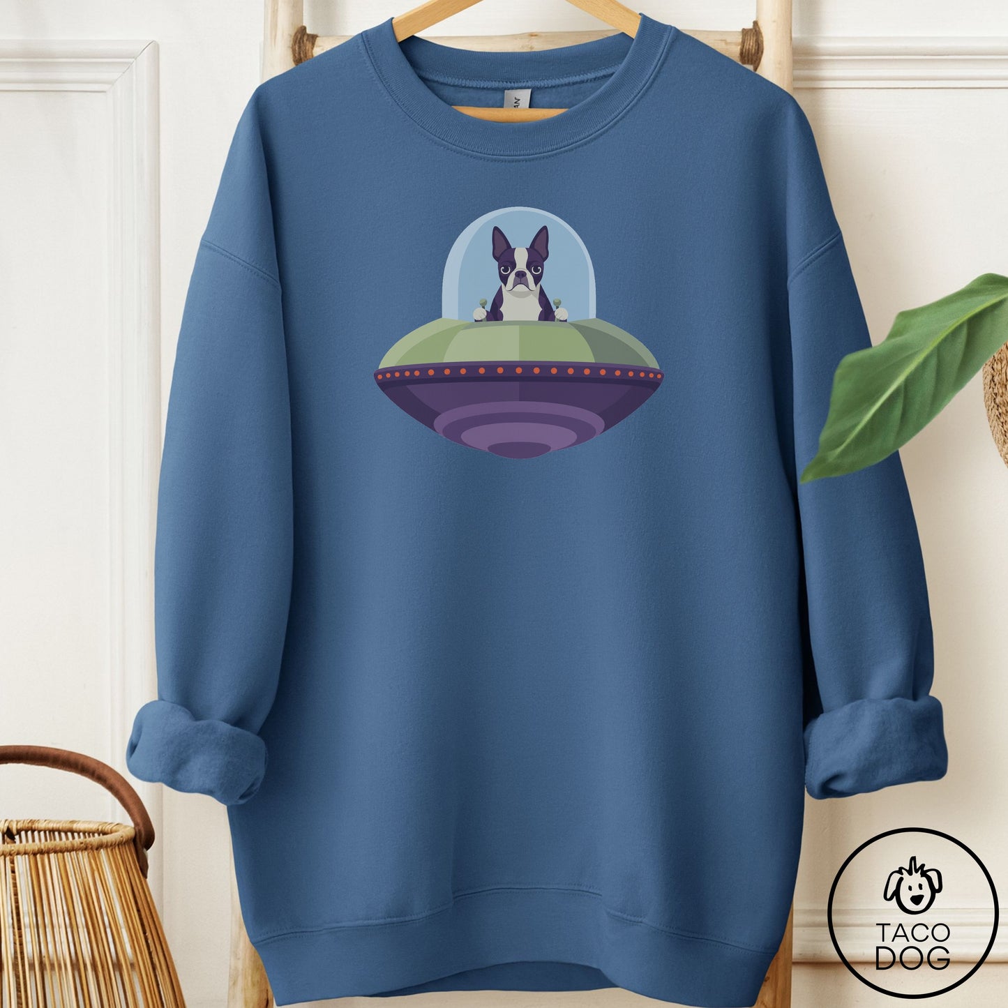 Boston Terrier UFO Commute Sweatshirt Indigo Blue Taco-Dog