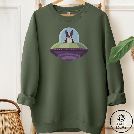 Boston Terrier UFO Commute Sweatshirt Military Green Taco-Dog