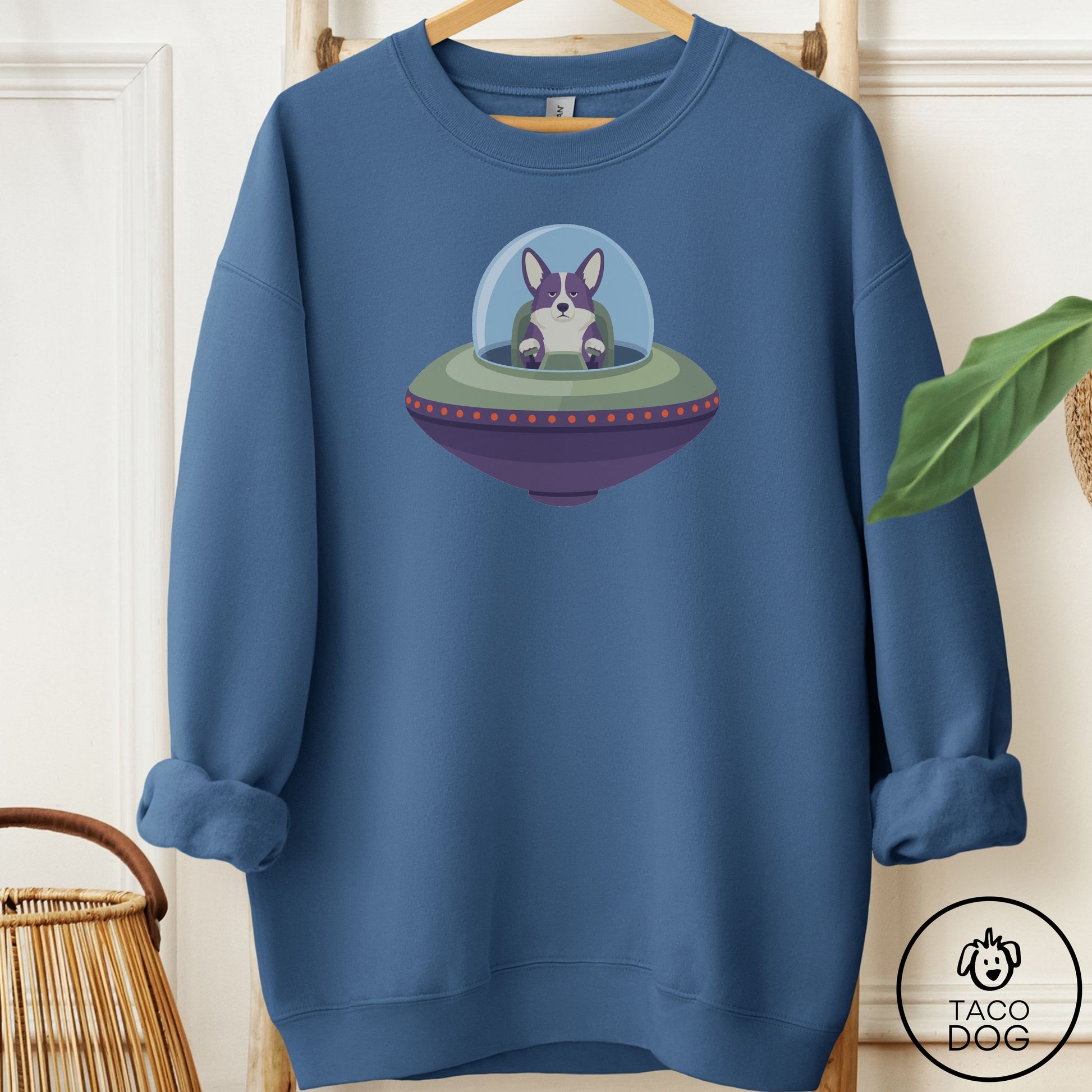 Corgi UFO Commute Sweatshirt Indigo Blue Taco-Dog