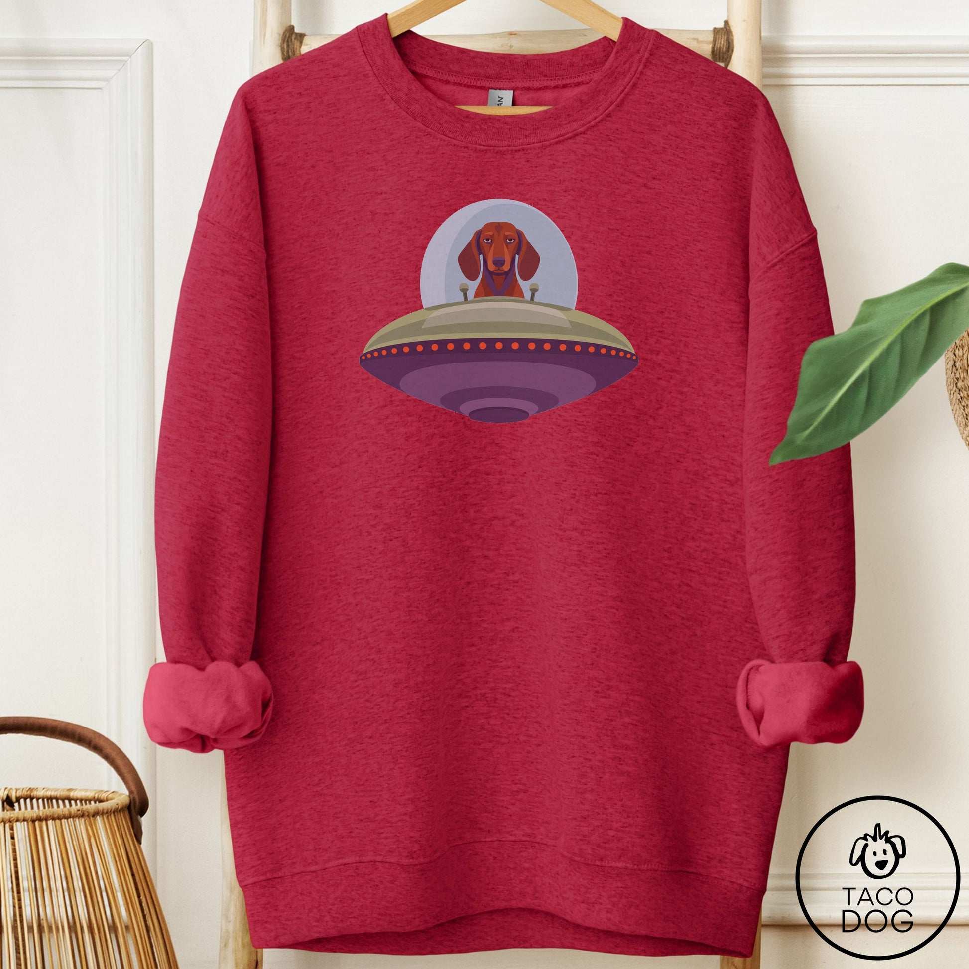 Dachshund UFO Commute Sweatshirt Antique Cherry Red Taco-Dog
