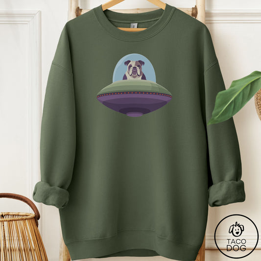 English Bulldog UFO Commute Sweatshirt Military Green Taco-Dog