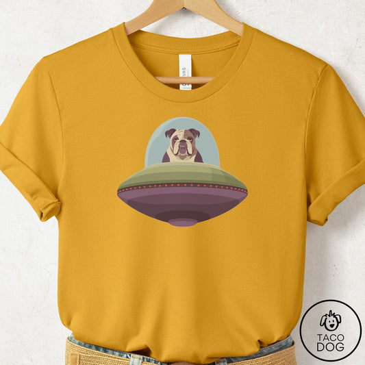 English Bulldog UFO Commute T-Shirt Mustard Taco-Dog