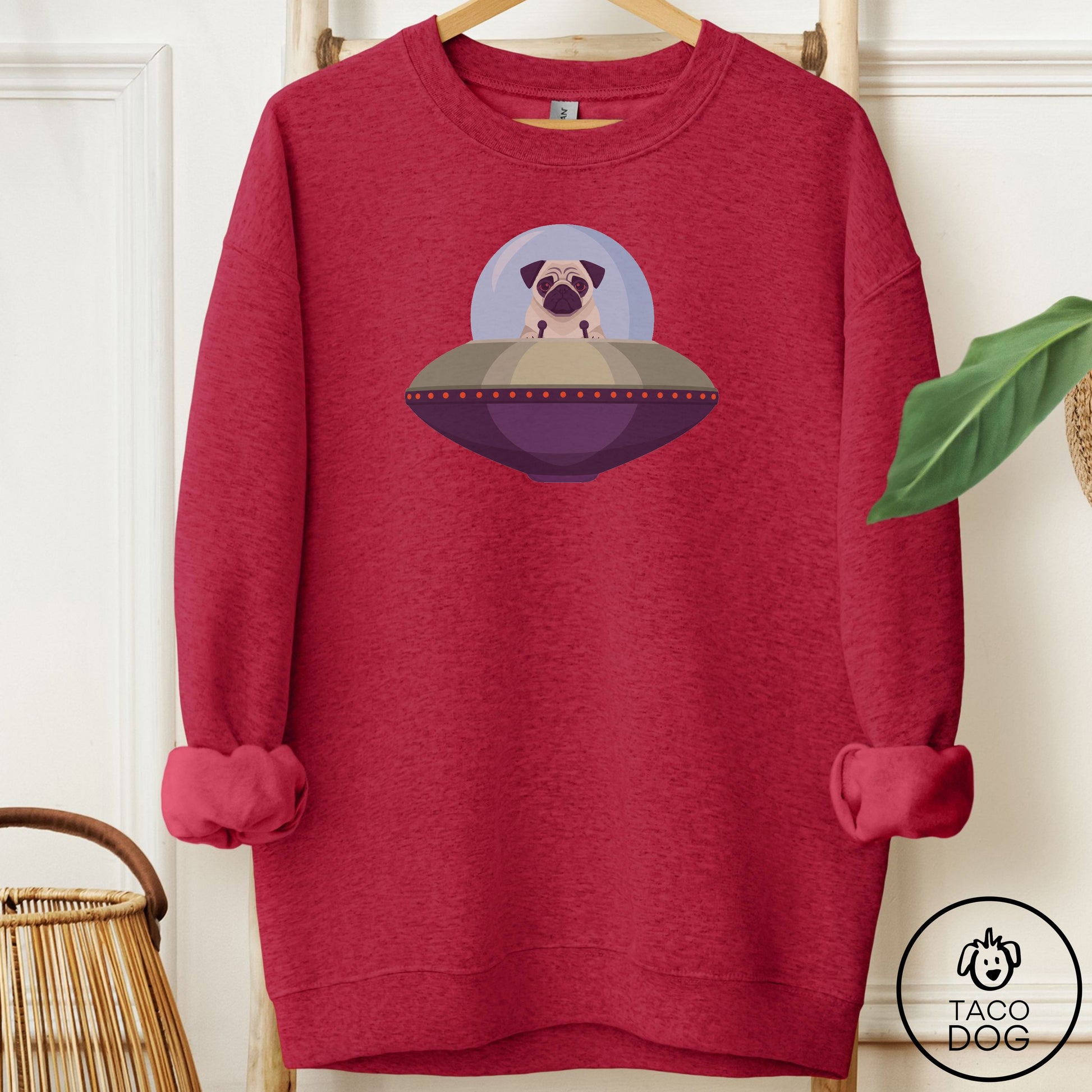Pug UFO Commute Sweatshirt Antique Cherry Red Taco-Dog