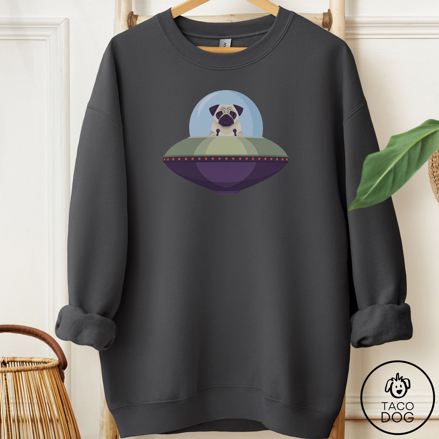 Pug UFO Commute Sweatshirt Charcoal Taco-Dog