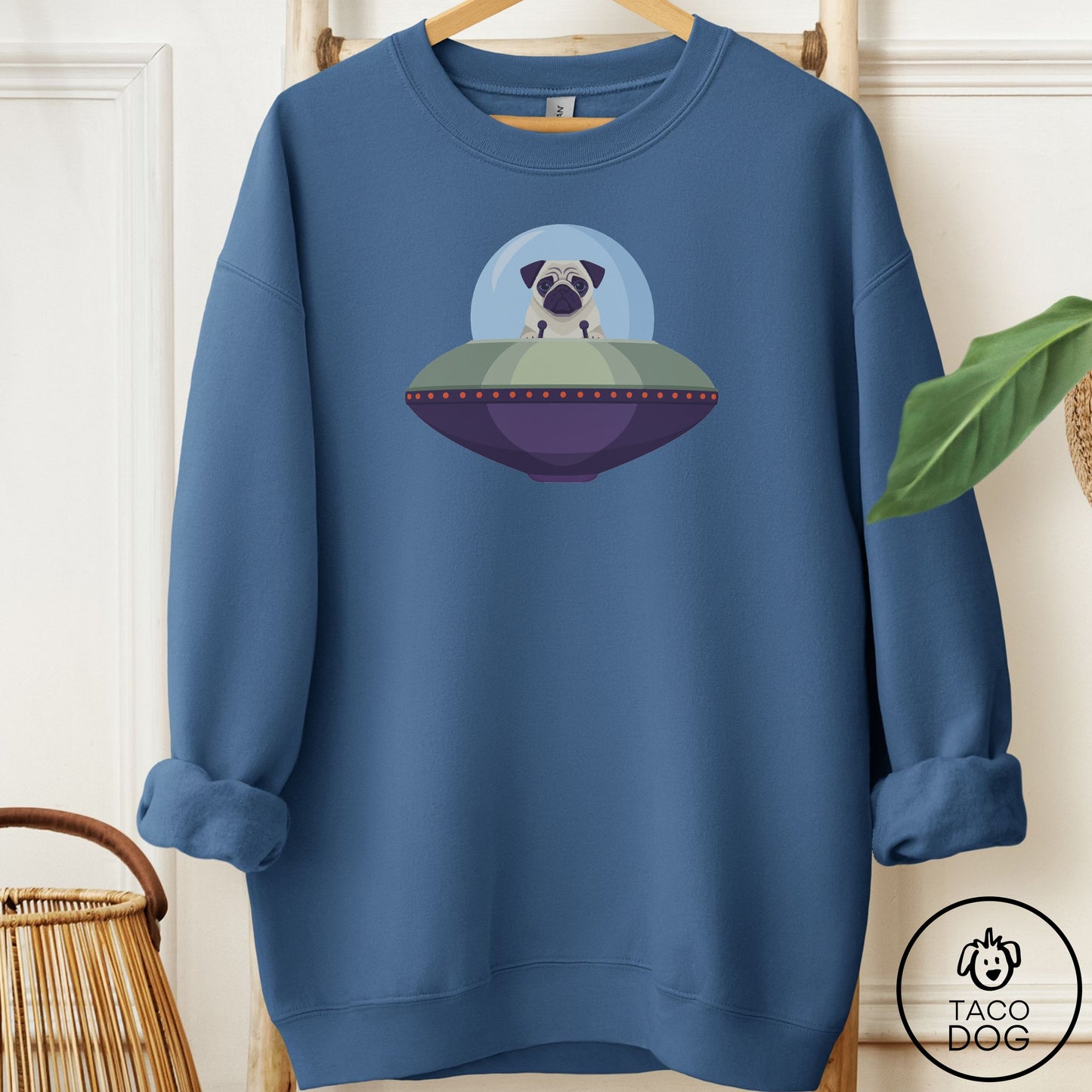 Pug UFO Commute Sweatshirt Indigo Blue Taco-Dog