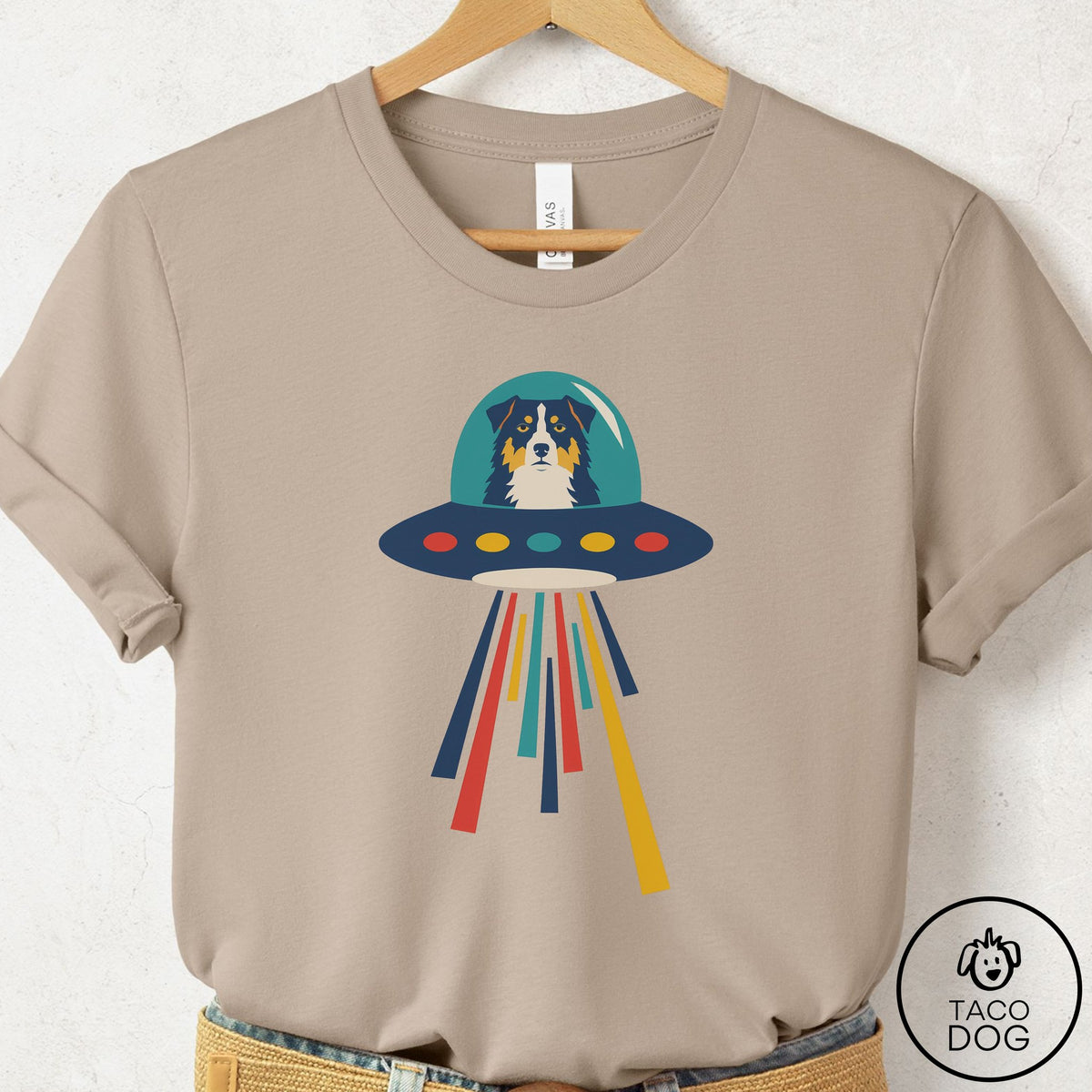 Australian Shepherd UFO Joyride T-Shirt Tan Taco-Dog
