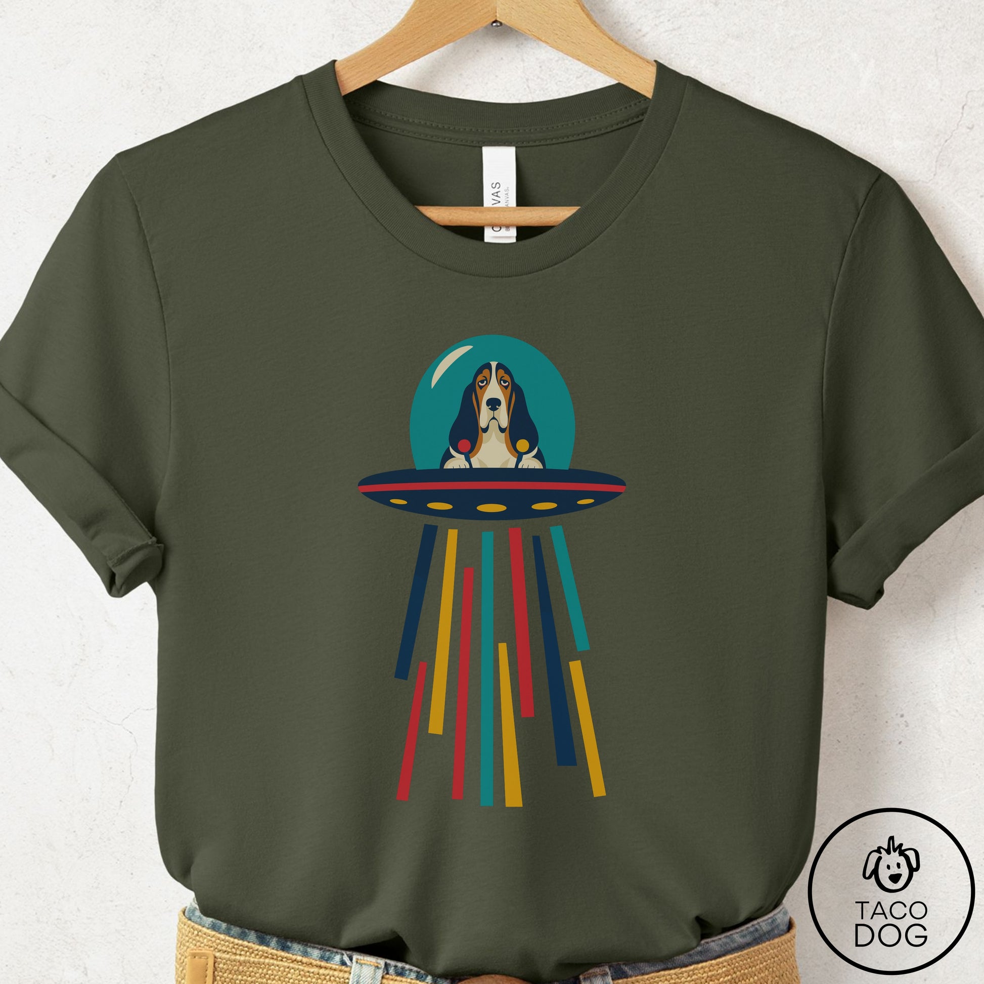 Basset Hound UFO Joyride T-Shirt Military Green Taco-Dog