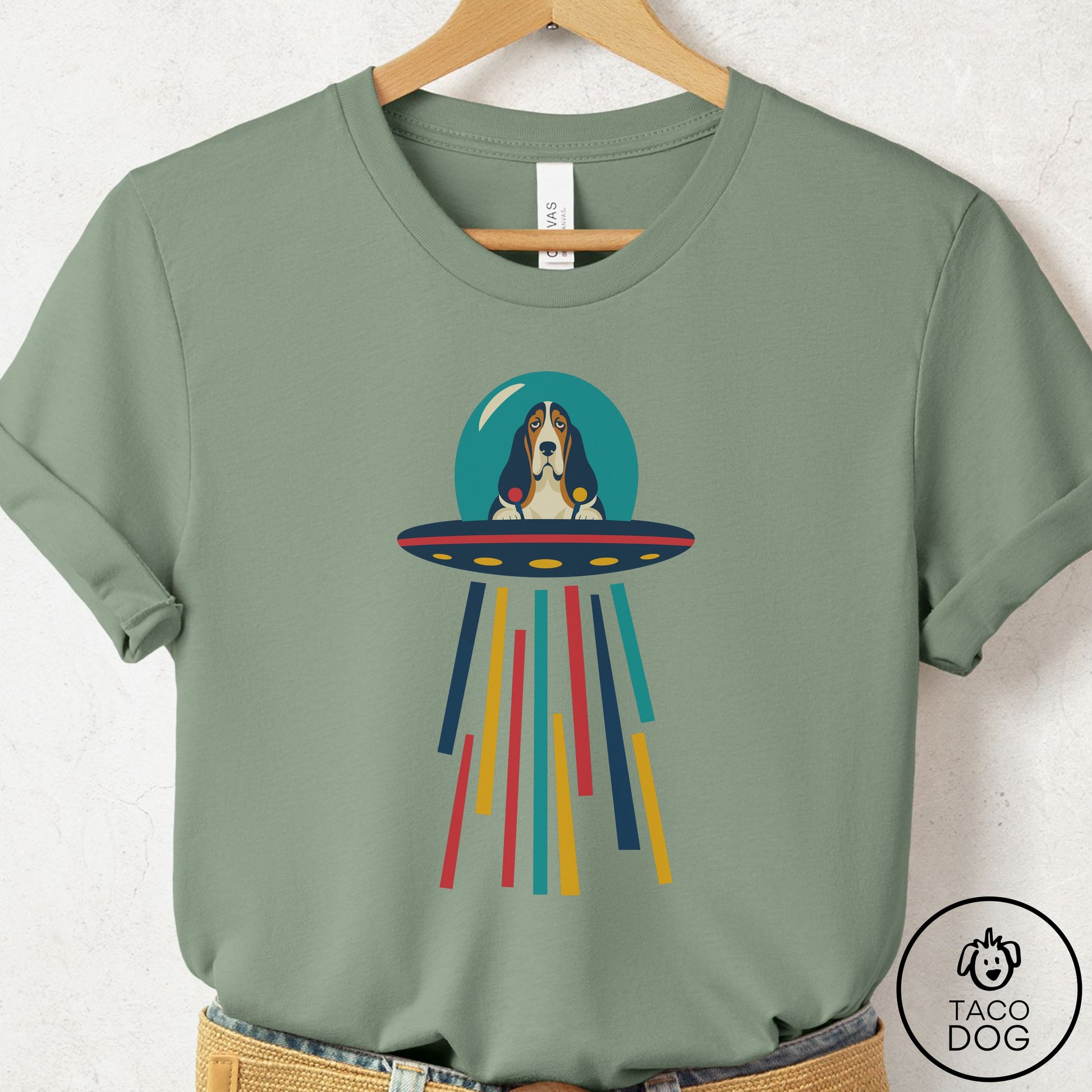 Basset Hound UFO Joyride T-Shirt Sage Taco-Dog