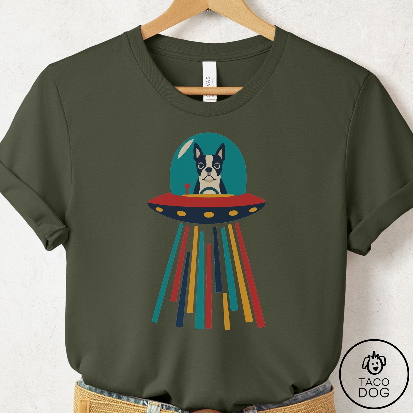 Boston Terrier UFO Joyride T-Shirt Military Green Taco-Dog