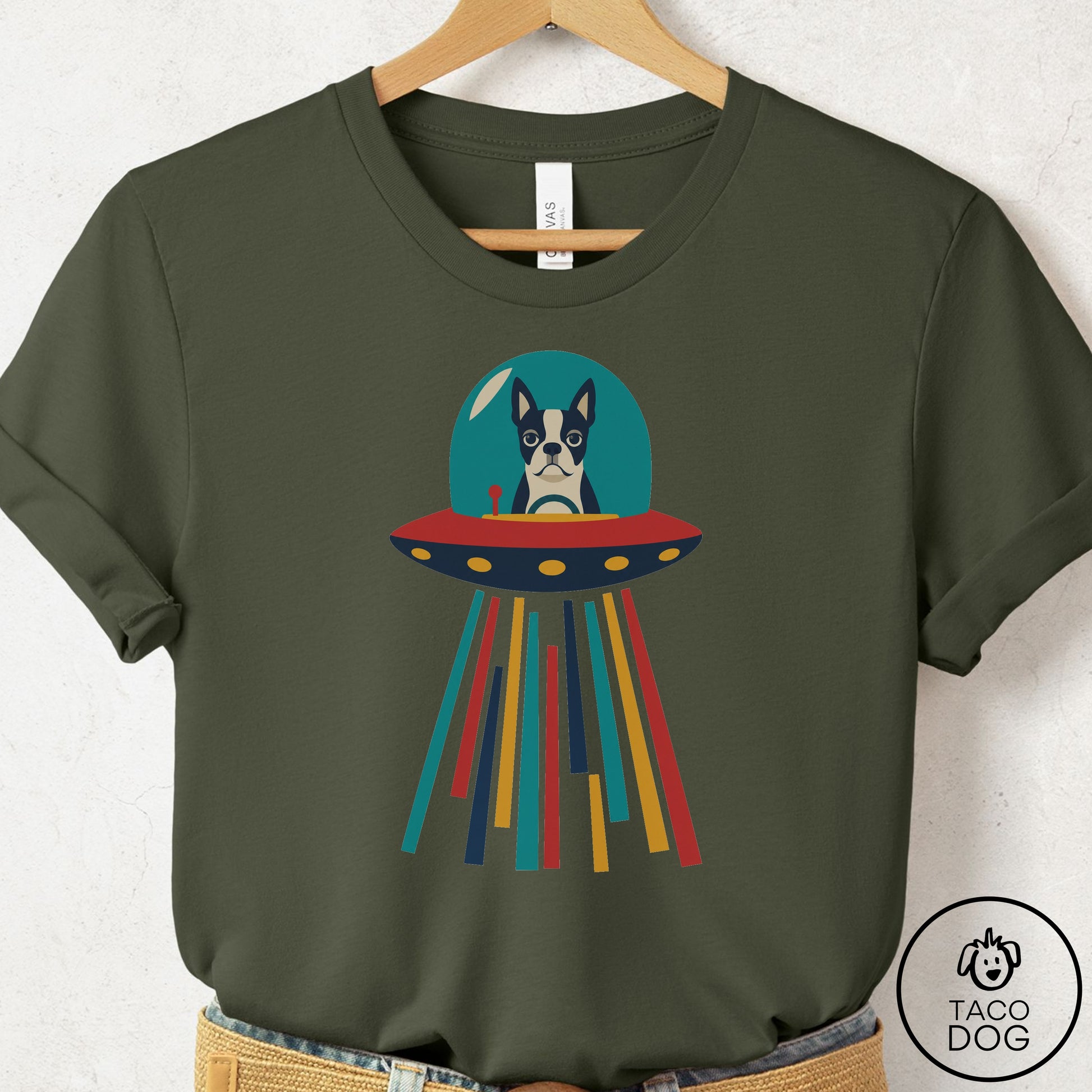 Boston Terrier UFO Joyride T-Shirt Military Green Taco-Dog