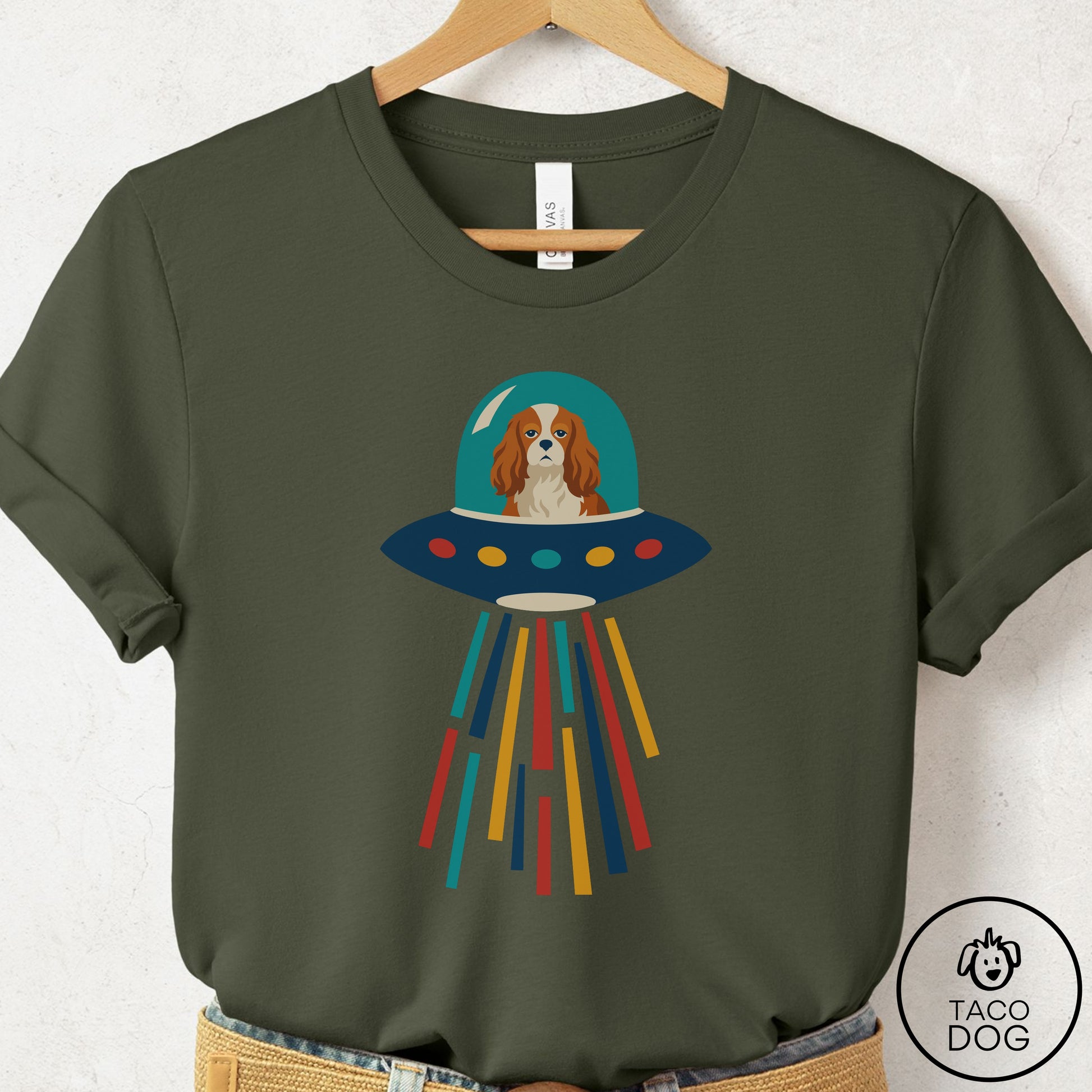 Cavalier King Charles Spaniel UFO Joyride T-Shirt Military Green Taco-Dog