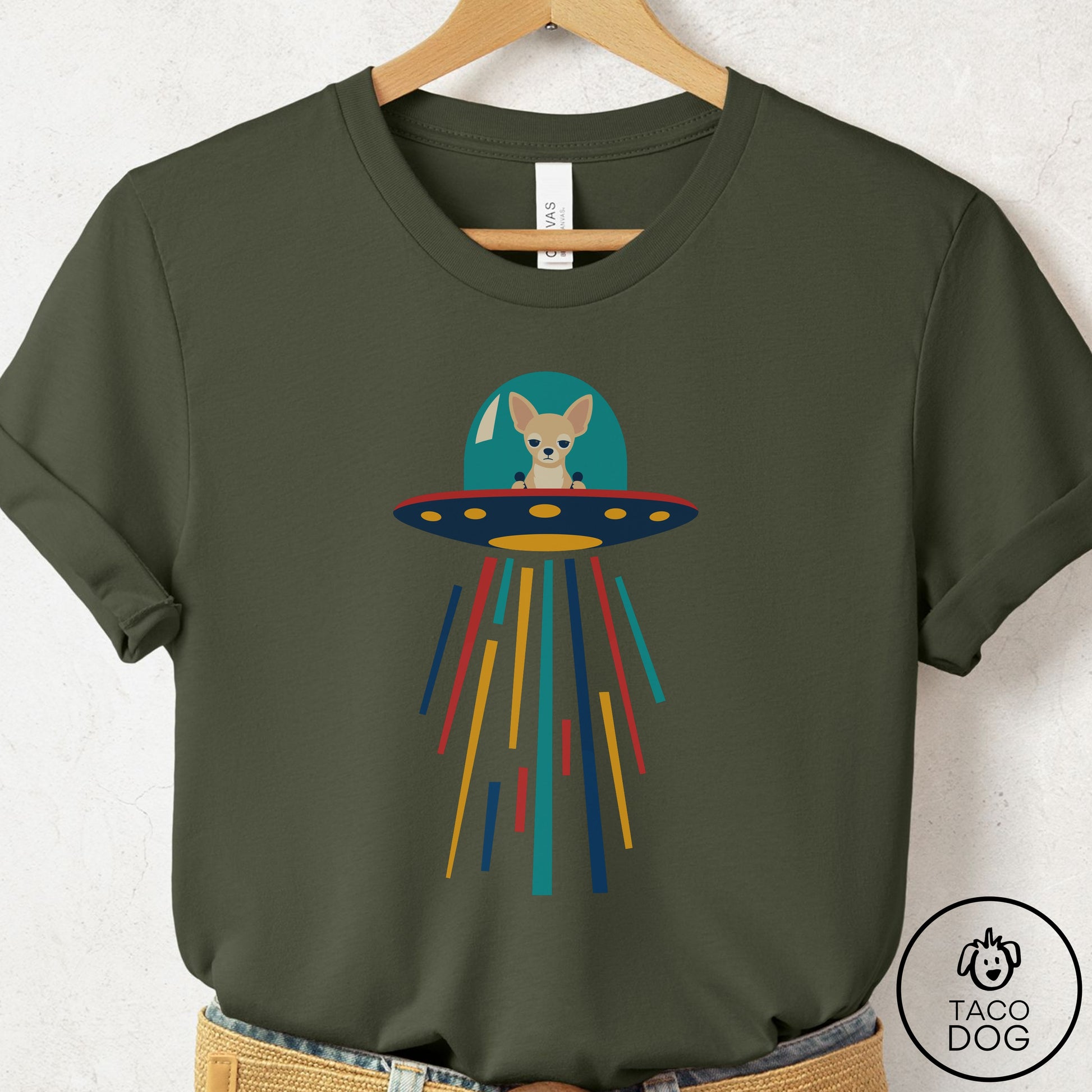 Chihuahua UFO Joyride T-Shirt Military Green Taco-Dog